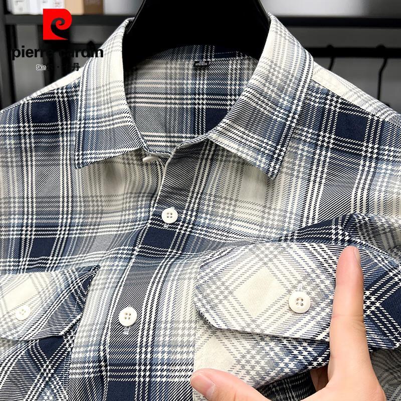 Pierre Cardin Мужская свободная клетчатая рубашка с коротким рукавом из чистого хлопка