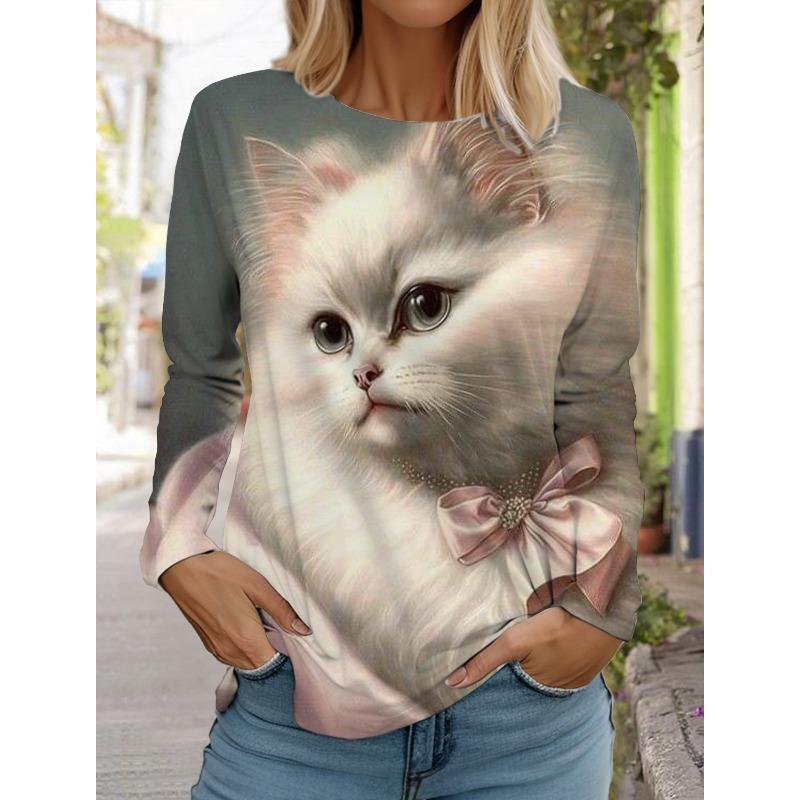 Autumn and Winter Women's Long Sleeve 3D Printed Kitten Cute Print T-Shirt Women's Streetwear Round Neck Long Sleeve