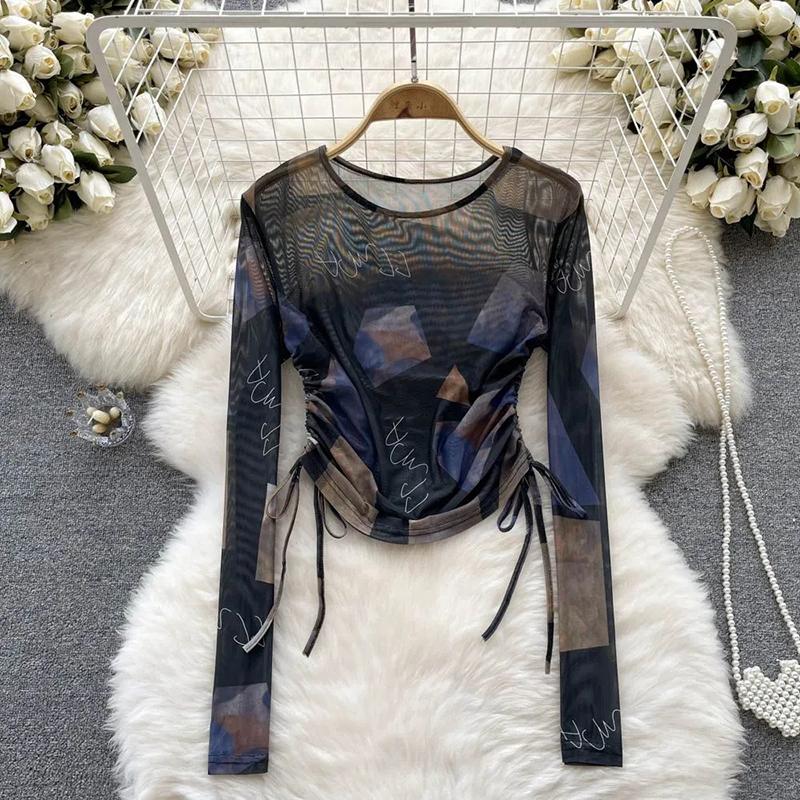 WTEMPO Шикарные сетчатые футболки с принтом Tie Dye, женские повязки на шнурке, винтажные облегающие топы Y2K, футболки с длинными рукавами, уличная одежда