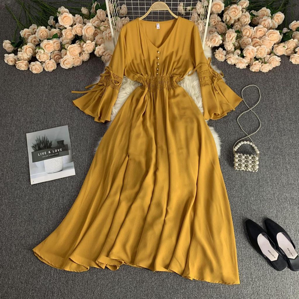 Длинное платье весна-осень для женщин, элегантное, с V-образным вырезом, расклешенными рукавами и высокой талией, праздничное, пляжное, макси-платье