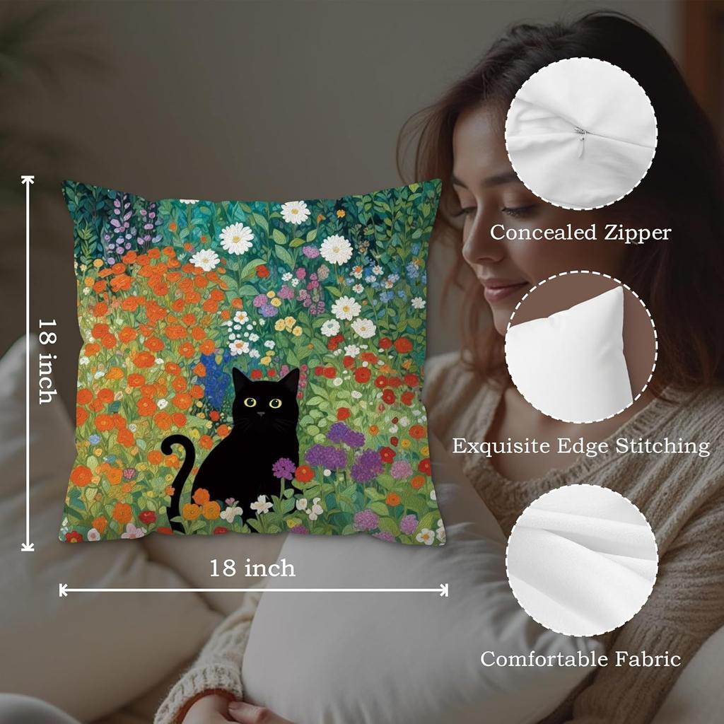 Boho Abstract Floral Black Cat Pillow Covers 18x18, Black Cat Gifts for Women, Cats Mom Lady Grandma Gifts, Whimsical Wildflower Kitten Decorative
