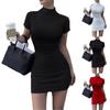 Fashion Solid Color High Collar Short Sleeves Slim Fit Versatile Temperament Short Slim Dress