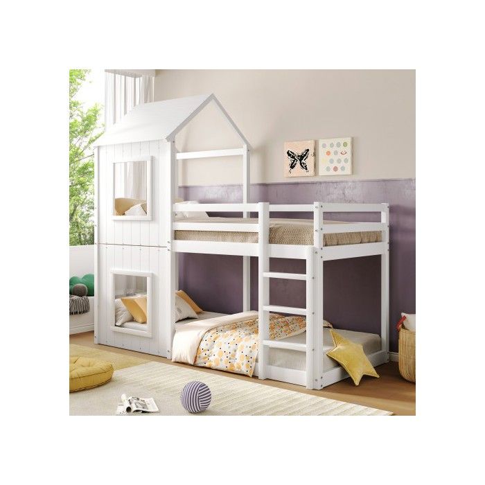 Двухъярусная кровать - MUVOE - 90x200 см - Массив дерева - Белый - С лестницей и балдахином
