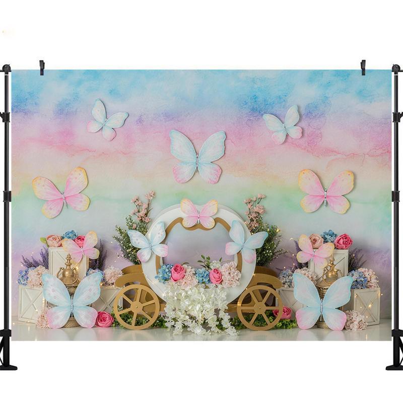 LS Colorful Purple Butterflies Garden Backdrop Kids Baby 1st Birthday Cake Smash Photocall Floral Spring Photo Props Background
