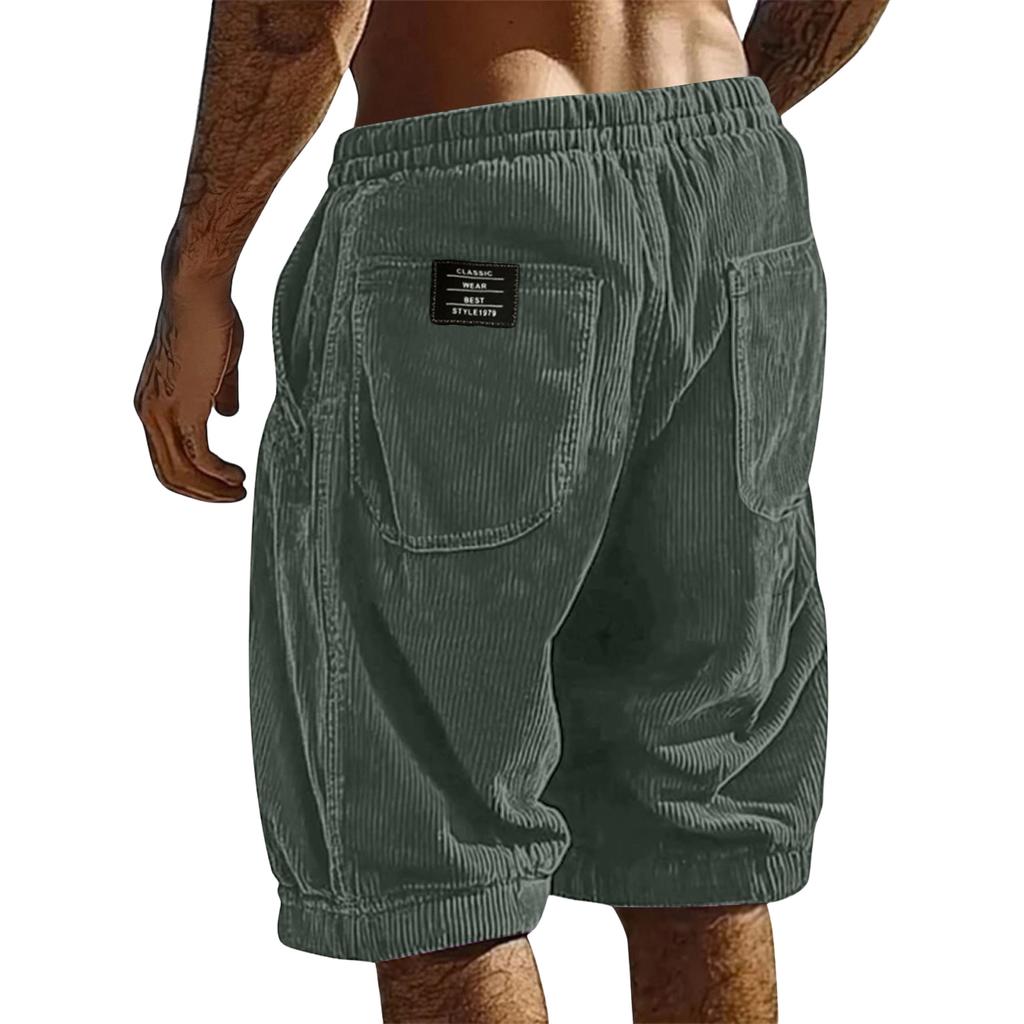 Mens Corduroy Shorts Relaxed Fit Elastic Waistband Patch Pocket Design Casual Knee Length Trousers for Everyday Wear