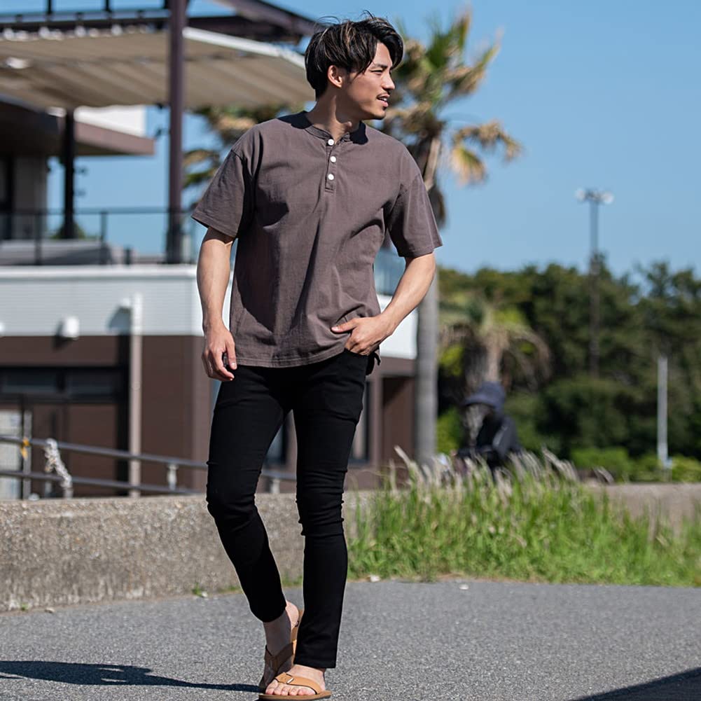 Унисекс 7 унций Хлопок США Тяжеловесный Хенли Вырез Однотонный Короткий Рукав 46 91 [Хороший Износ] Мужская Футболка 2W7-2522 [-] (L) (ХАКИ/Хаки)