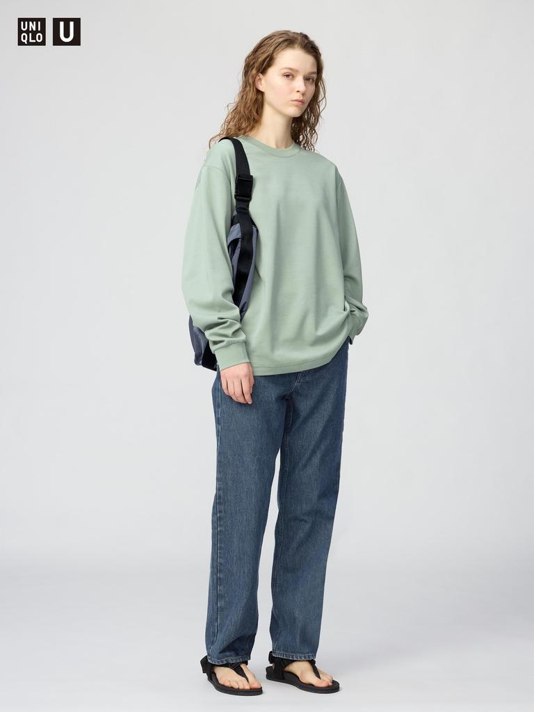 Uniqlo 486102 Хлопковая футболка с длинным рукавом и круглым вырезом AIRism ЗЕЛЕНЫЙ БЕЛЫЙ ТЕМНО-СЕРЫЙ ЧЕРНЫЙ РОЗОВЫЙ СИНИЙ ФИОЛЕТОВЫЙ Мужская Япония