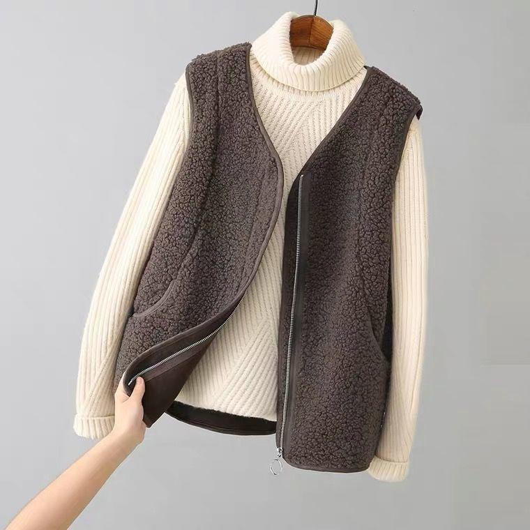 Women's Sleeveless Vest V Neck Japanese Casual Fleece Gilet Waistcoat