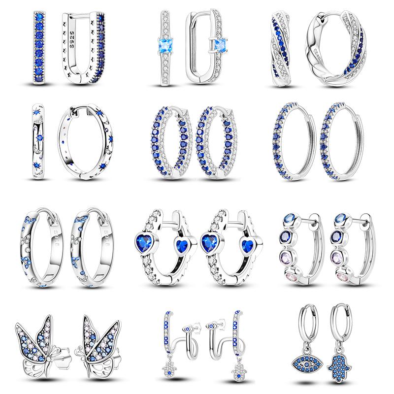 Серьги-кольца с синим цирконием для женщин, серебро 925 пробы, оригинальные серьги с цирконием, серьги U-образной формы, звезда, луна, роскошные ювелирные изделия, подарок