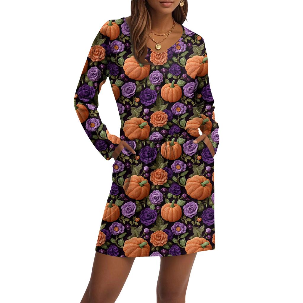 Women's Fashionable V-neck Long Sleeved Drawstring With Pocket Halloween Printed Casual Dress