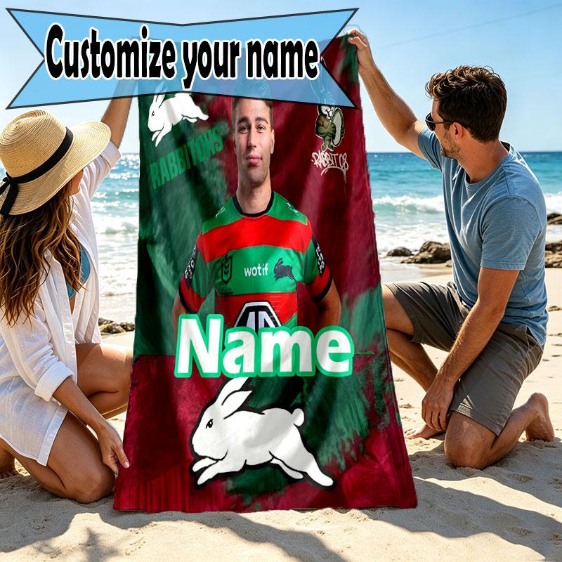Custom Name Personalized South Sydney Rabbitohs Print Beach Towel, for Trip Camping Beach Party Home Decor, Birthday Gift for Family & Friends