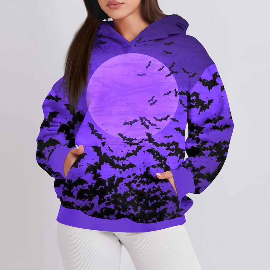 Women's Fashion Casual Pullover Hooded Sweatshirt Halloween Printed Long Sleeve Sweatshirt