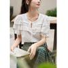 Women's Blouse 2023 New Summer 100% Cotton Breathable Soft Lace Design Puff Sleeve Solid O-neck Pullover Tops MXC35X0061