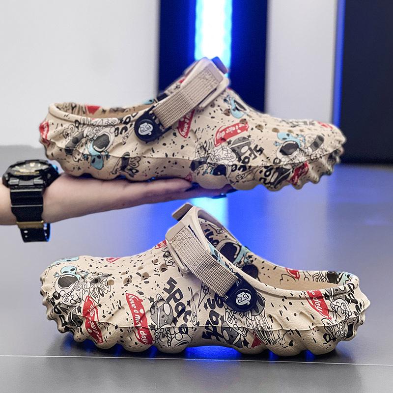 Мужские сандалии из ЭВА с толстой подошвой и принтом граффити: Универсальная обувь с отверстиями для заброда и пляжного ношения