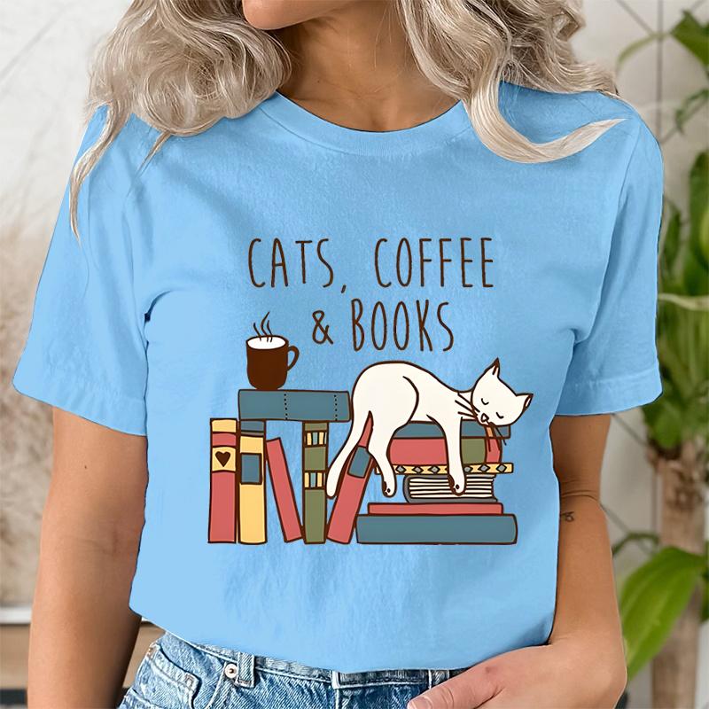 Кошки Кофе Книги Женские Милые Книголюбы Футболки Смешная Футболка для Любителя Книг Винтажные Футболки с Графикой Чтения Женские Книжные Топы Футболки