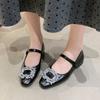 Temperament Rhinestone Silver Mary Jane Single Shoes Women's Shoes 2025 New Summer Flat Bottom with Skirt Gentle Evening Shoes