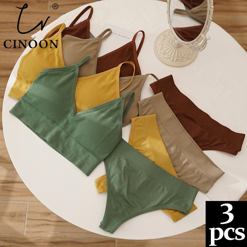 CINOON 3Pcs/Lot Women Bra Set Sexy Seamless Thong Low Waist Panties Wire Free Bra Bralette Lingerie Brassiere Female Underwear Set