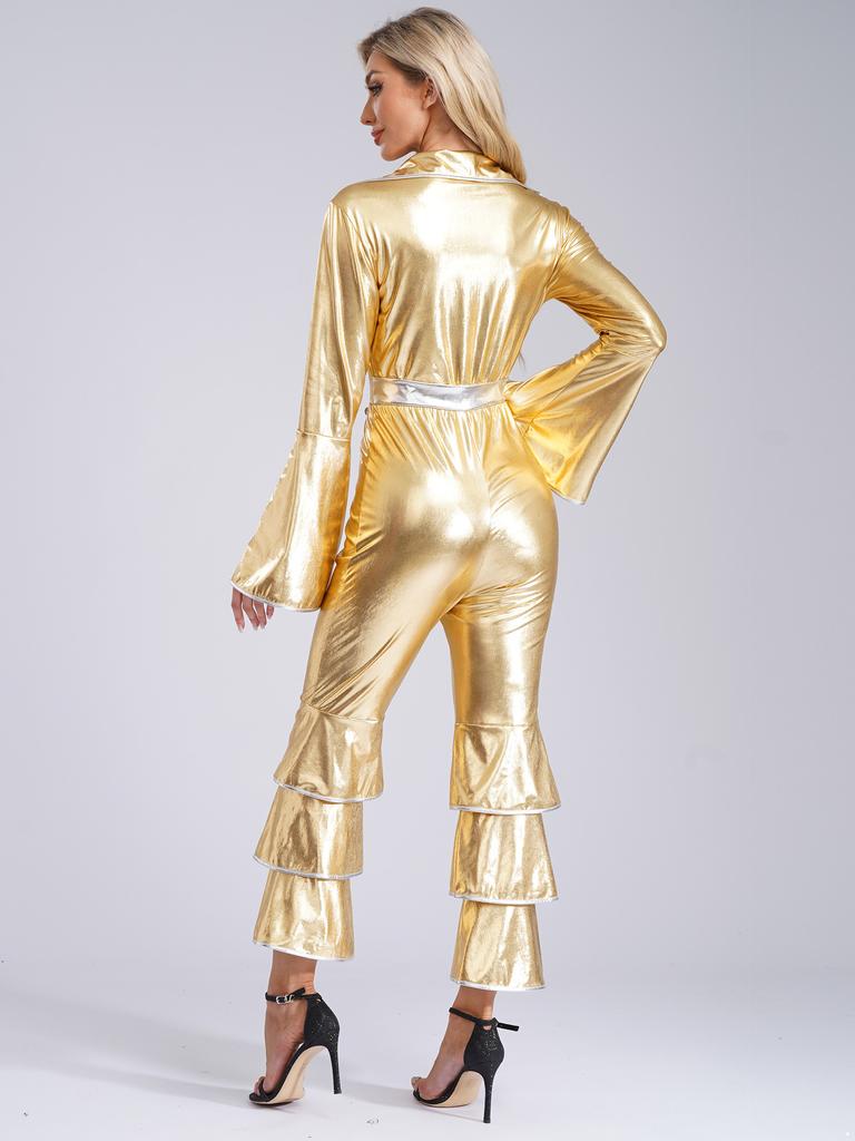 Women Flared Jumpsuit Bar Nightclub Disco Costume Sparkle Retro Cosplay Prom Party Costume 70s 80s Disco Outfit One Piece