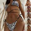 2Pcs/Set Women Summer Bikini Set Halter Sling Padded Wireless Bra High Waist Lace-up Briefs Set Zebra