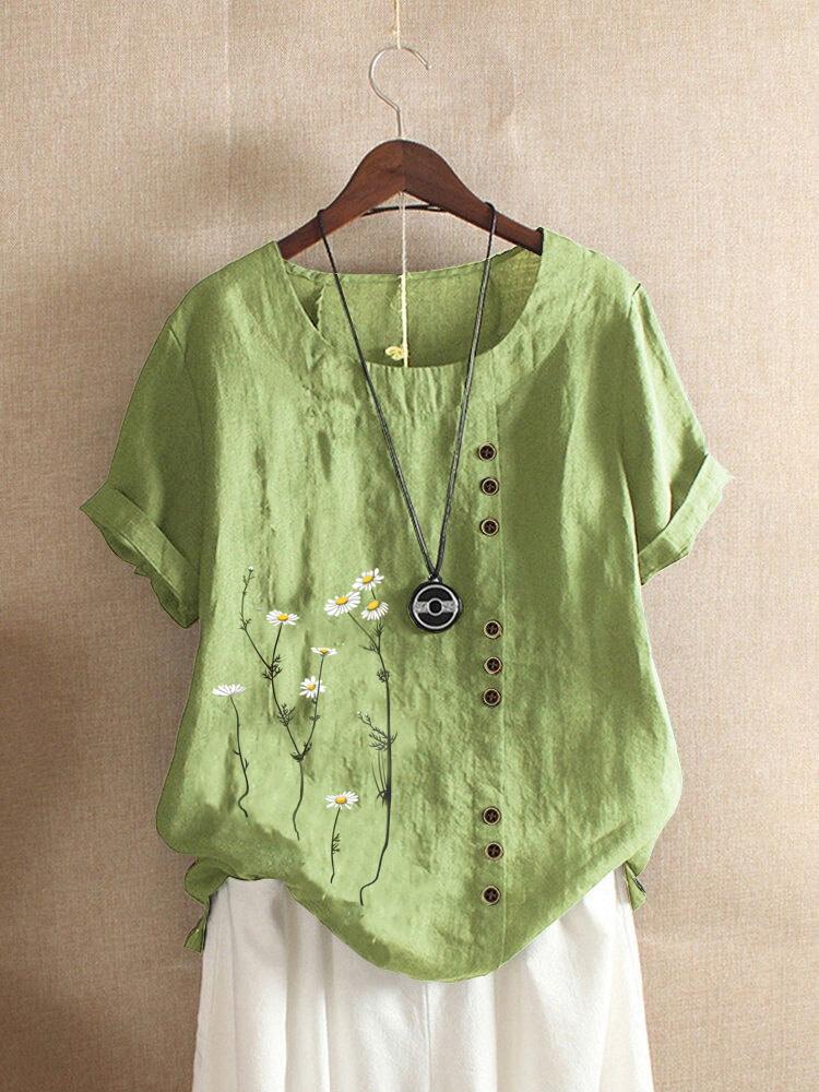 Cotton and Linen Printed T Shirt Tops Women's Summer Loose T Shirt Shirts