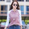 Women's Cotton Button T-shirt Spring Stand-up Collar Splicing Office Long-sleeved T-shirt Korean Harajuku Plus Size Shirt Top