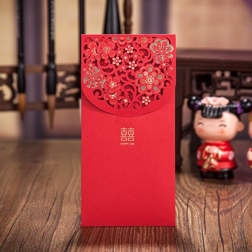 6pcs Creative Laser Engraving Chinese Red Envelopes Hollow Embossed Lucky Money Bag Three-dimensional Rectangular Red Packet