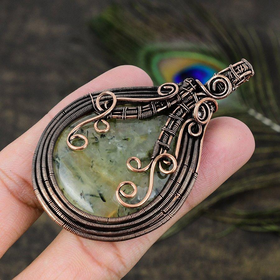 Prehnite Gemstone Copper Wire Wrap Jewelry Pendant 2.96