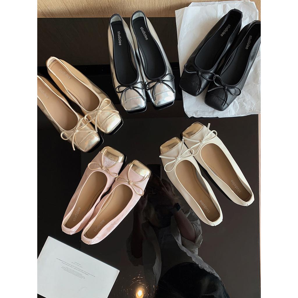 Sheepskin Version~ Genuine Leather Retro Flat-bottomed Ballet Shoes Women's Head Pedal Bow Single Shoes Grandma Shoes