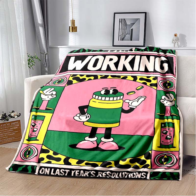 Retro Rubber Slogan Print Flannel Blanket Vintage Cartoon Sofa Throw Soft Warm Blankets For Home Bed Travel