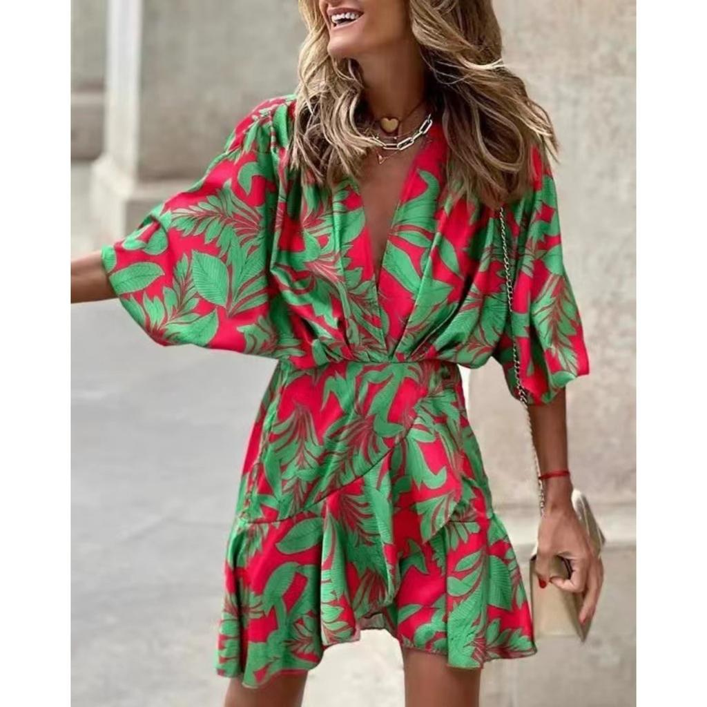 Women's V Neck Short Sleeve Midi Dress Loose Fit Casual Irregular Hem Gown