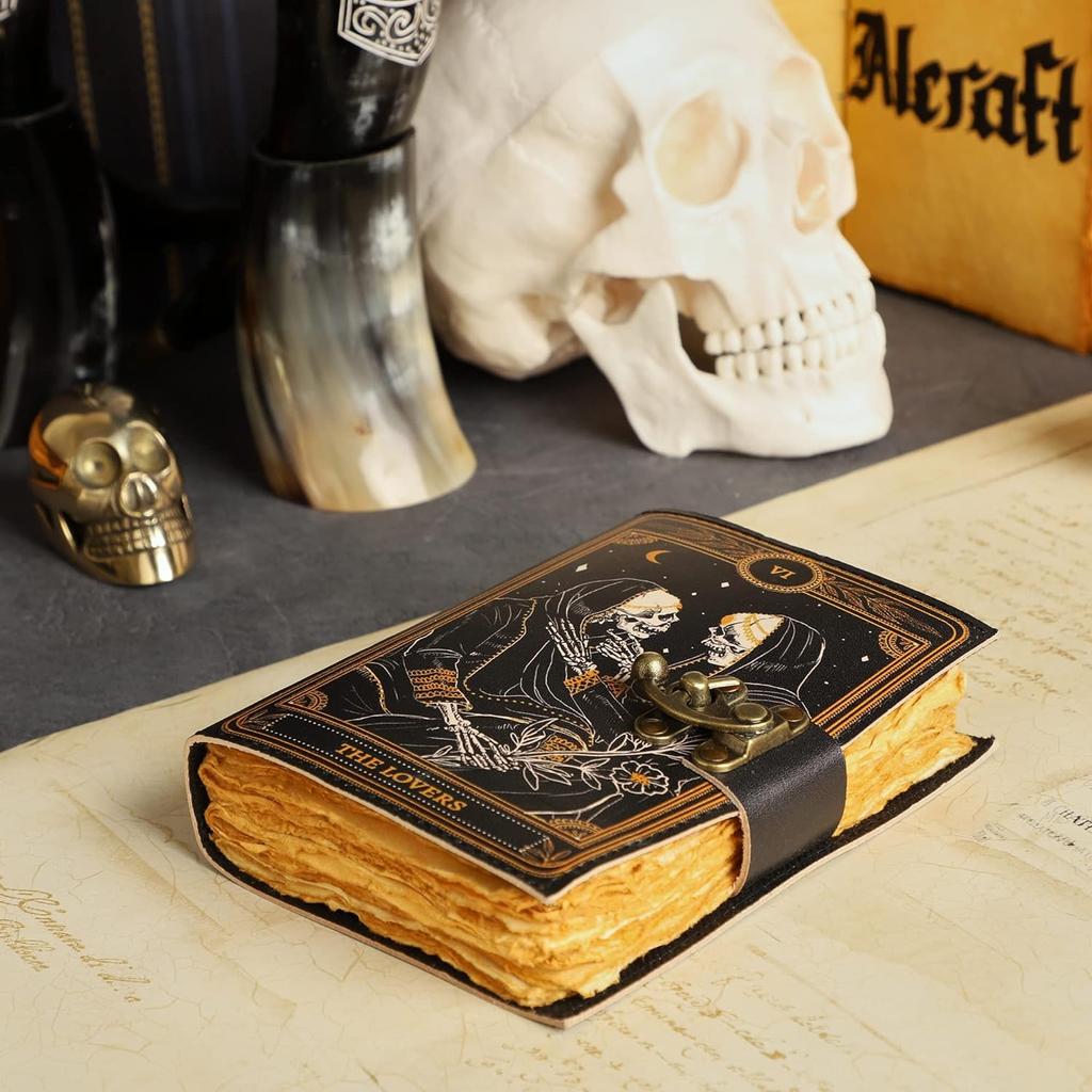 Book of Spells Leather Journal Deckle Edge Paper Journal The Lovers Tarot Notebook Spiral Gothic Notebook Skull Lover Antique Vintage Leather Journal