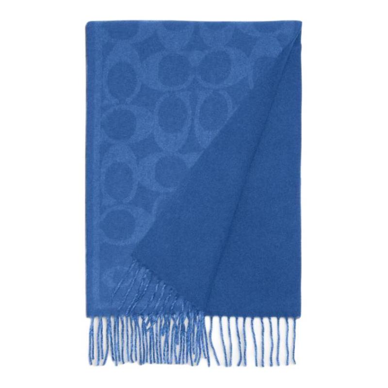 Coach Oversized Monogram Jacquard Pattern Fringe Cashmere Feel Scarf Royal Blue 76384-ROY