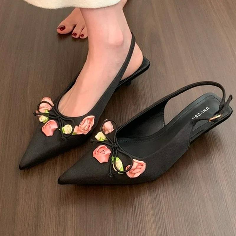 Модные женские туфли на каблуке с острым носком, элегантные шлепанцы с цветком, летние модные туфли-лодочки, женские босоножки для платья, тренд 2025, уютные женские zapatos
