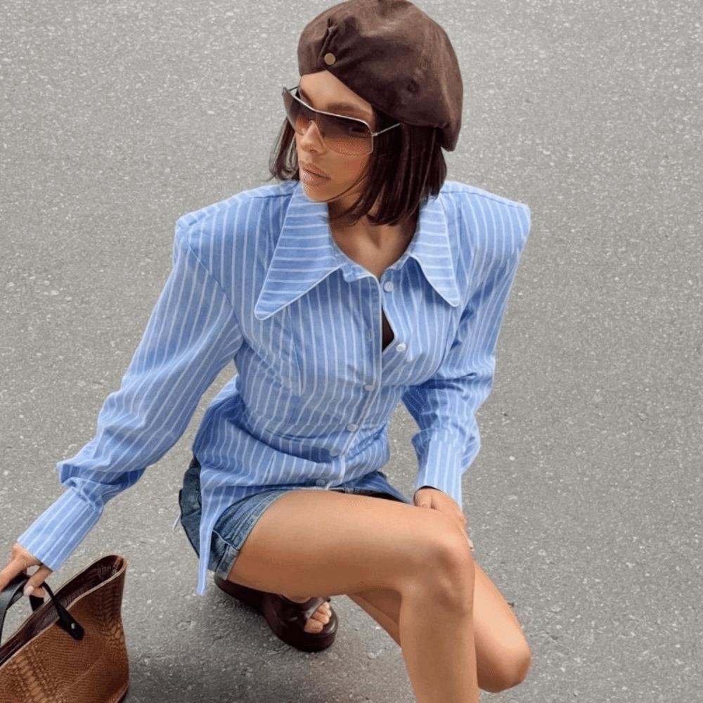 Irregular Hemline Striped Blouse Lapel Collar Long Sleeve Shirt Women Shirt Street Wear