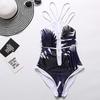 Women Elegant Floral Print Deep V Neck Backless Bandage Bathing One Piece Swimsuit