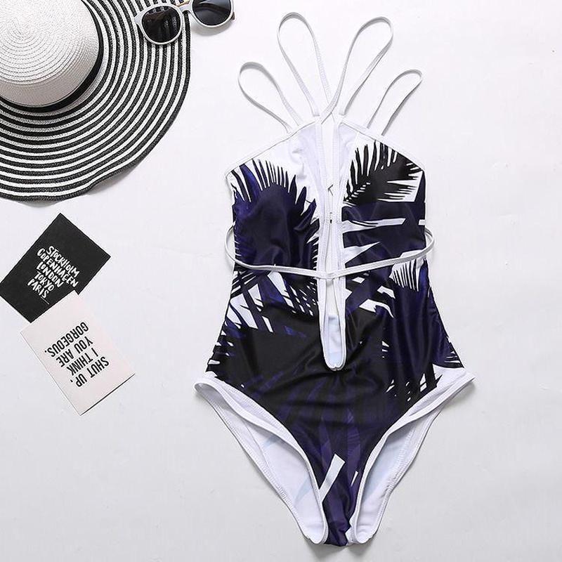 Women Elegant Floral Print Deep V Neck Backless Bandage Bathing One Piece Swimsuit