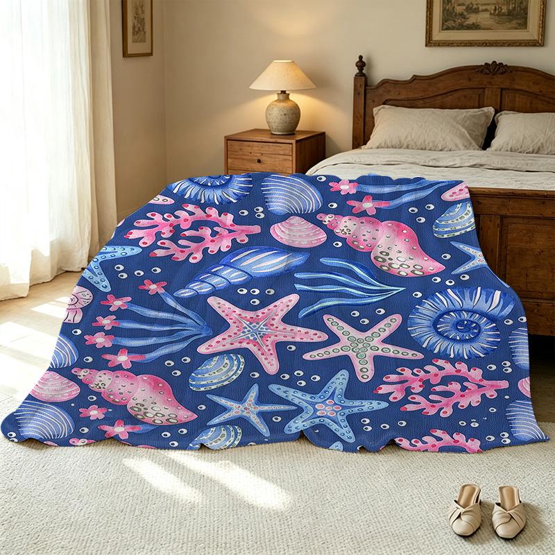 Soft Flannel Fleece Blanket, Ocean Theme Starfish Seashell Design, Warm Cozy Throw for Bedroom Home, Halloween Christmas Decor