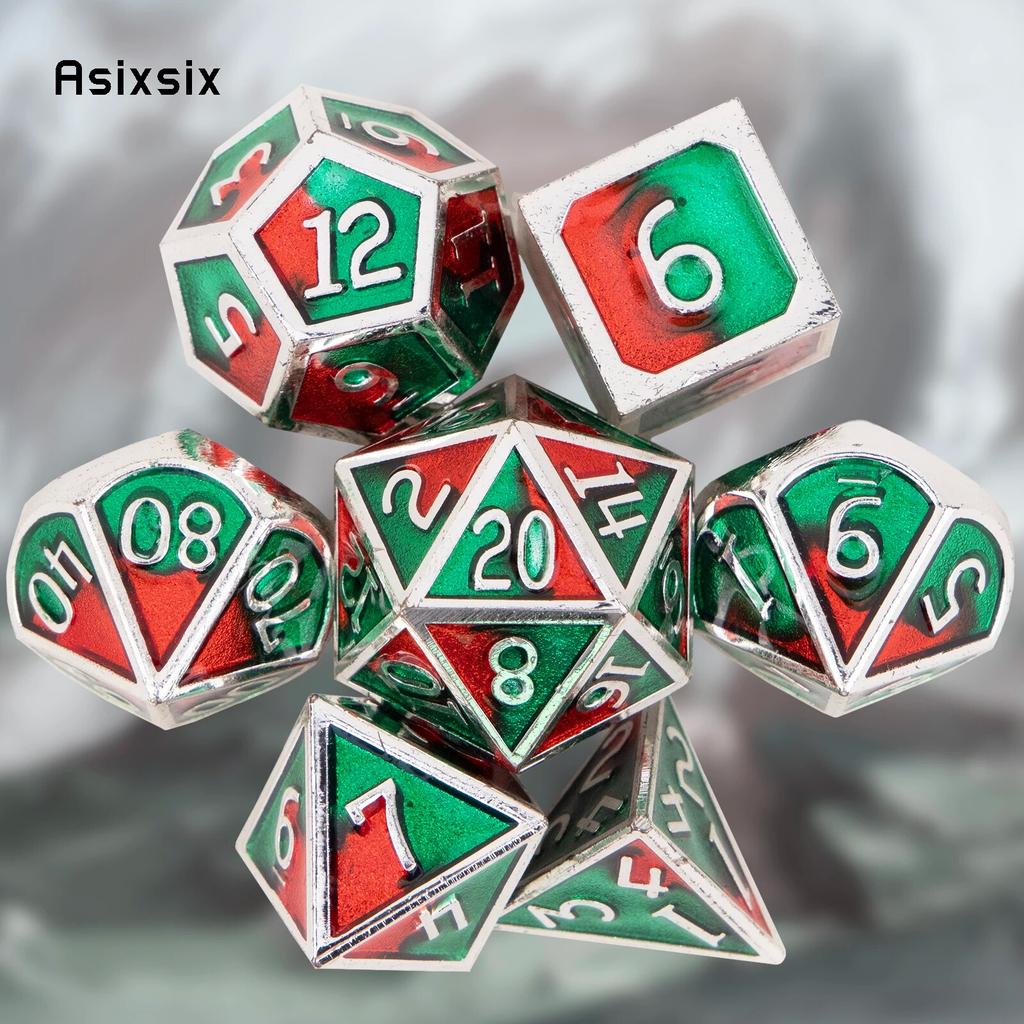 7 шт., зеленые, красные стандартные металлические кубики, набор цельнометаллических многогранных кубиков, подходящий для ролевой ролевой игры, настольной игры, карточной игры