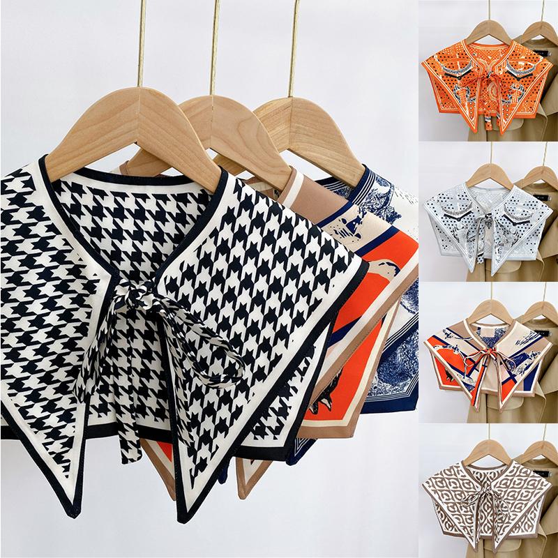 Front Tie Fake Collar For Women Vintage Print Detachable Collars Houndstooth Letter Fake Collar Shawl Wrap Scarf Neckwear Cape