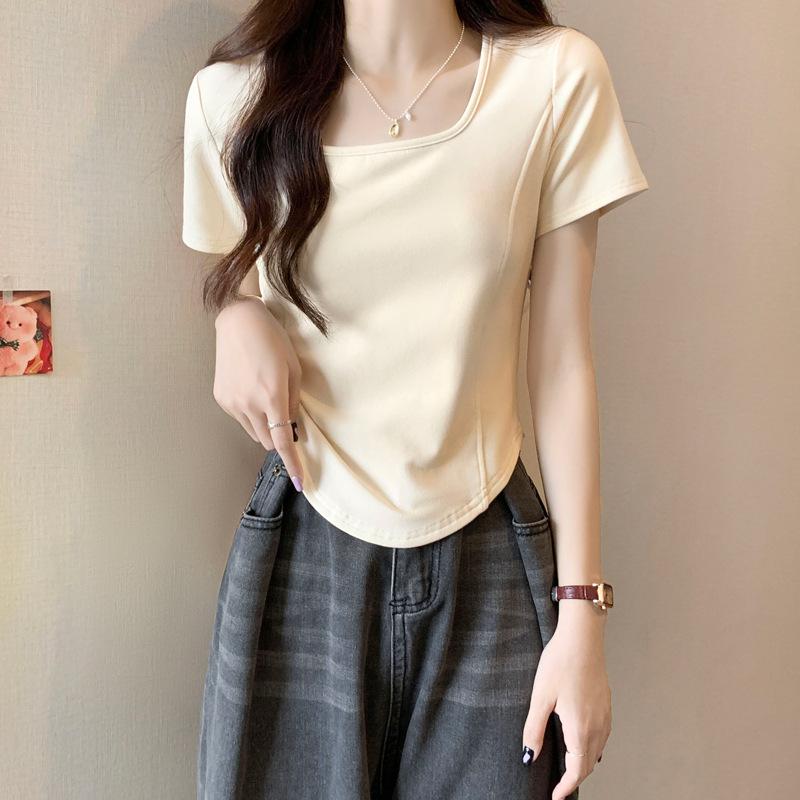 Футболка с квадратным вырезом и короткими рукавами, женская летняя, с тонкими плечами, чистый дизайн желания, нишевый нерегулярный короткий топ с елочкой