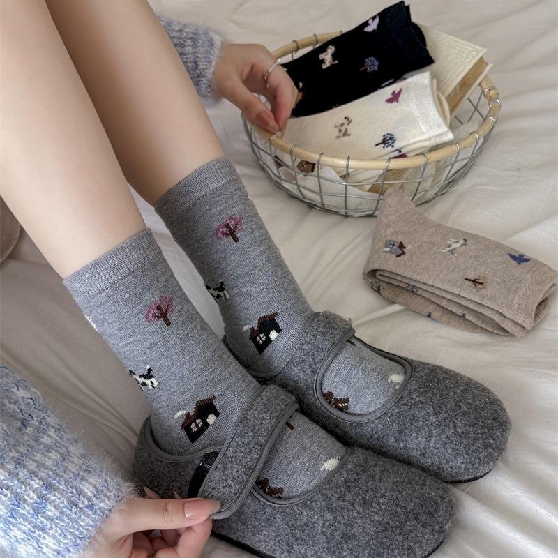 Puppy Cute Kids Grey Cartoon Animal Mid Socks Thickened Wool Socks Warm Pile Socks