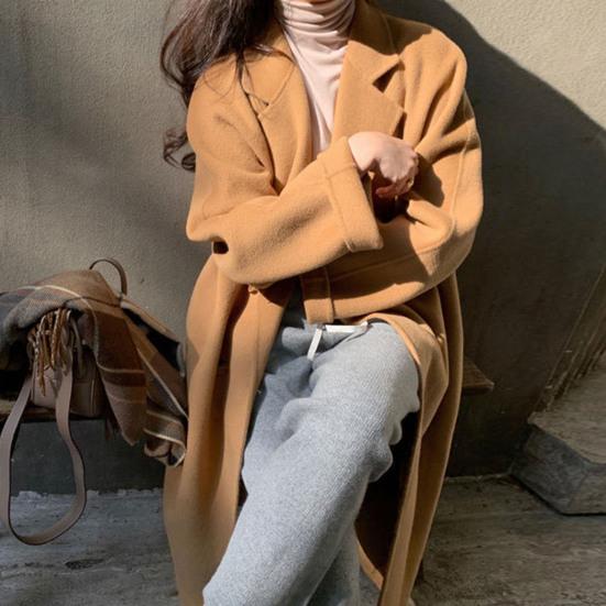 Женское зимнее шерстяное пальто, утолщенное двубортное длинное стильное однотонное пальто с длинными рукавами, свободный Тренч с лацканами и вырезом на воротнике