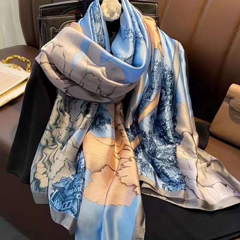 New Spring and Autumn Retro Floral Cranes Temperament Simulation Silk Large Long Scarf Sunscreen Outwear Shawl Female Silk Scarf
