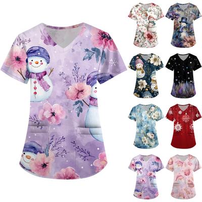 Женская рабочая униформа с принтом, V-образный вырез, карманы, базовый короткий рукав, пуловер, топ