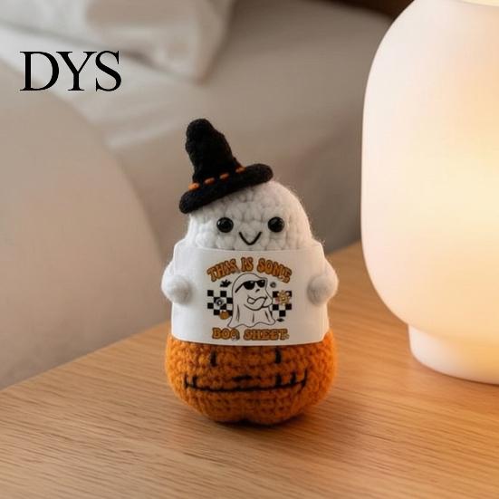 Whimsical Witch Hat Pumpkin Doll Hand Knitted Halloween Ghost Ornament, Crochet Plush with Soft Cotton Yarn Healing Companion Encouragement Card, Cute