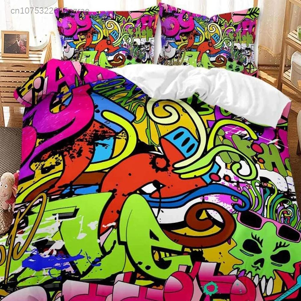 3D Colourful Street Graffiti Printed Duvet Cover Set 2 Pieces, Microfiber Bedding Set Zipper, Quilt Cover With 1 Pillowcases