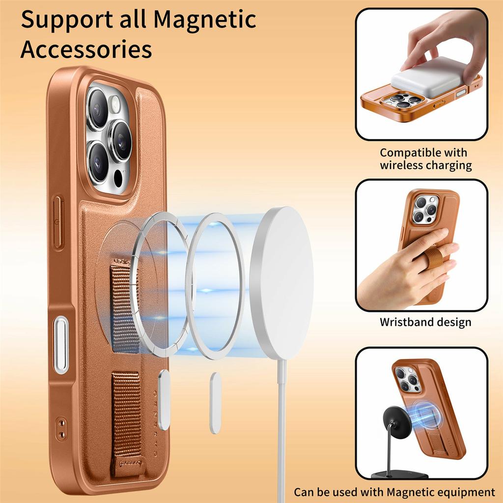 CASENEO For iPhone 16 Pro Max Magnetic Case Hand Strap Design PU Leather+PC Phone Cover