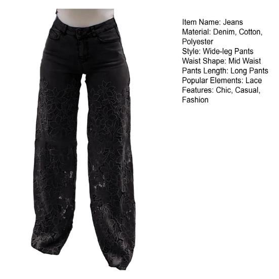 Women's Lace Patchwork Jeans Casual Baggy Straight Wide Leg Denim Pants Mid Waist Floral Hollow Out Jeans