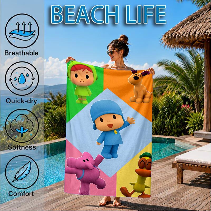 Pocoyo's Colorful Adventure Beach Towel, Quick-drying, Easy to Care for, Suitable for Both Fitness and Beach Vacations,Sports Essential