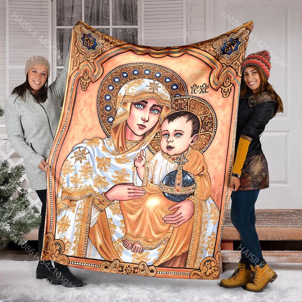 1PC Religious icon with golden details Faith-printed Flannel Blanket Soft and Warm Suitable for Home Travel Picnics Camping RV
